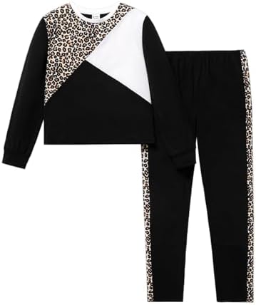 PATPAT Girls 2 Piece Outfits Leopard Color Block Tee Crew Neck Top Black Legging Girl Sweatpants...