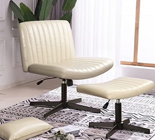 PUKAMI Armless Desk Chair No Wheels with Ottoman&Lumbar Support,PU Leather Padded Modern Swivel Home...