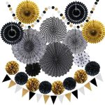 Party Decorations, Black and Gold Hanging Paper Fans, Pom Poms Flowers, Pennant, Garland String,...
