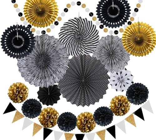 Party Decorations, Black and Gold Hanging Paper Fans, Pom Poms Flowers, Pennant, Garland String,...