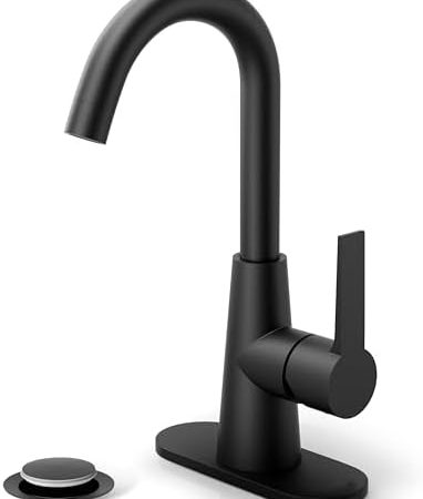 Phiestina Single Hole Matte Black Single-Handle 4 Inch Bathroom Sink Faucet with Deck Plate and...