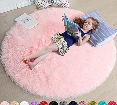 Pink Round Rug for Girls Bedroom,Fluffy Circle Rug 4'X4' for Kids Room,Furry Carpet for Teen ,Shaggy...