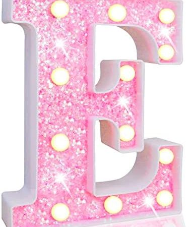 Pooqla LED Marquee Letter Lights, Light Up Pink Glitter Alphabet Letter E Sign Battery Powered for...