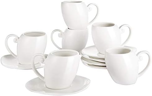Porcelain Espresso Cups with Saucers - 6 Ounce for Specialty Coffee Drinks, Latte, Cafe Mocha and...