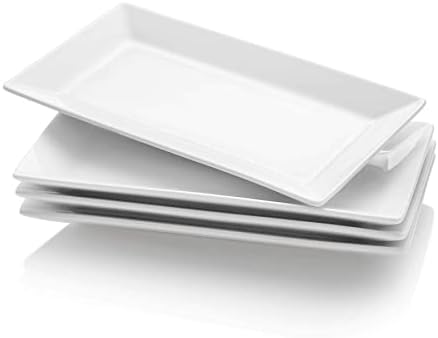 Porcelain Serving Plates, Rectangular Serving Trays for Parties - 9.8 Inch, White, Set of 4