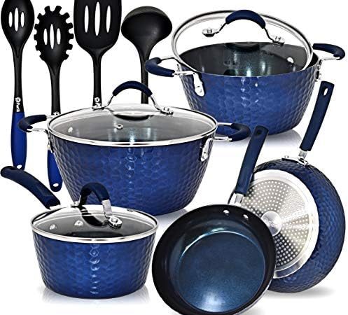 Pots and Pans 12 Piece Set, Ceramic Nonstick Induction Ready Cookware Kitchen Set with Hammered...