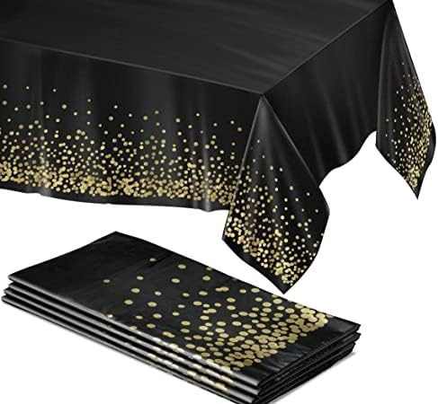 Prestee Black and Gold Table Cloths for Parties, 4pk, 54"x108" - Gold Dot Plastic Tablecloths, Black...