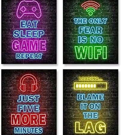 Printed Neon Gaming Posters Set of 4 (8”X 10”), Boys Room Decorations for Bedroom,Video Game Wall...