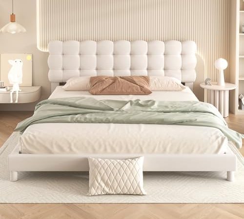 Queen Size Upholstered Platform Bed,Velvet Fabric Bedframe with Soft Headboard,Biege