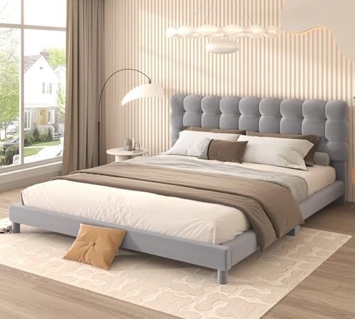 Queen Size Velvet Fabric Upholstered Platform Bed with Soft Headboard,Modern Bedroom Wood Bed Frame...