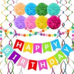 Rainbow Colorful Birthday Decorations, Happy Birthday Banner with Pom Poms Paper Circle Garland...