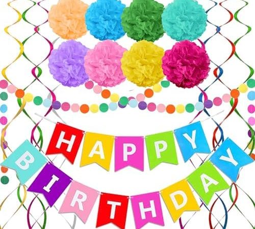 Rainbow Colorful Birthday Decorations, Happy Birthday Banner with Pom Poms Paper Circle Garland...