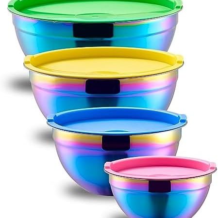 Rainbow Mixing Bowls With Airtight Lids,Stainless Steel Bowl,Salad Bowls 4 Piece Colorful Nesting...