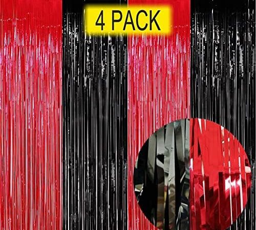 Red and Black Party Decorations- 4 Pack of 3.2x8.2ft Foil Fringe Curtains for Graduation Party...