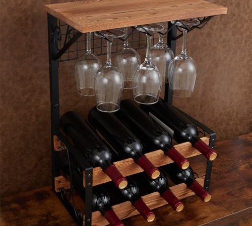 Retro Countertop Wine Rack,2-Tier Wine Bottle Holder Shelf With 6 Glass Rack,Top Board For Extra...