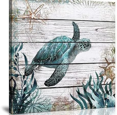 Retro Turtle Picture Decor Wall Art Ocean Aquatic Animals Undersea Coral Pictures Canvas Prints...