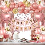Rose Gold Birthday Party Decorations, Happy Birthday Banner, Rose Gold Fringe Curtain, Heart Star...