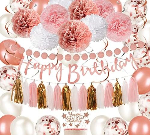 Rose Gold and Pink Birthday Party Decorations Set with Happy Birthday Banner,DIY Cake Topper,Circle...