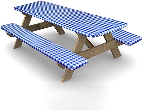 Ruisita 3 Pieces 72 Inches Vinyl Picnic Table and Bench Fitted Tablecloth Cover Picnic Table and...
