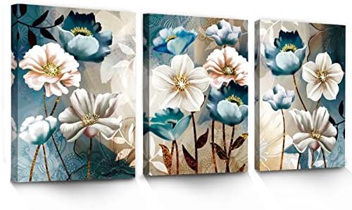 SERIMINO 3 Piece Lotus Flower Canvas Wall Art for Living Room White and Indigo Blue Floral Picture...