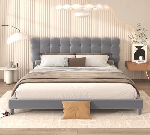 SOFTSEA Queen Size Upholstered Bed with Soft Headboard, Platform Bed with Upholstered Headboard for...