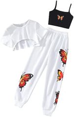 SOLY HUX Girl's Butterfly Print Cami Tops & High Low Hem Short Sleeve T Shirt with Sweatpants 3...