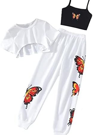 SOLY HUX Girl's Butterfly Print Cami Tops & High Low Hem Short Sleeve T Shirt with Sweatpants 3...