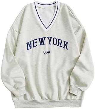 SOLY HUX Women's New York Letter Graphic Sweatshirt V Neck Long Sleeve Casual Pullover Top
