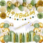 Sage Green Birthday Party Decorations with Happy Birthday Banner,Gold Fringe Curtain,Circle Dots...