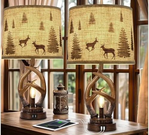 Scenekoy Rustic Farmhouse Antlers Table Lamp Set of 2 with Nightlight Dual USB Ports Linen Fabric...