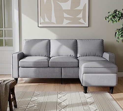 Sectional Sofa, L-Shaped Couch with Reversible Storage Ottoman & Storage Side Pockets, Modern Linen...