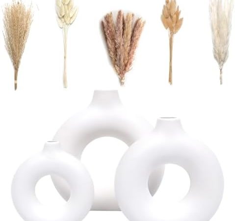 Set of 3 White Ceramic Vase with 65 PCS Dried Pampas Grass Flowers Aesthetic Boho Modern Small Round...
