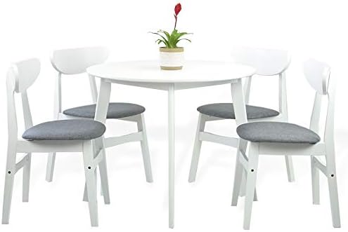 Set of 4 Yumiko Dining Chairs and Round Table Kitchen Modern Solid Wood w/Padded Seat White Color...
