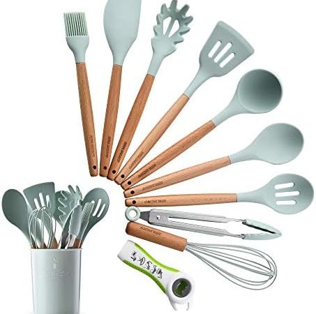 Silicone Kitchen Utensil Set, Heat-Resistant Non-Stick Silicone Cooking Gadgets Tools (Wood)