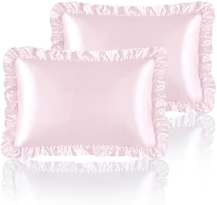 Silky Satin Ruffled Pillow Cases for Hair and Skin,Blush Pink Silk Pillowcases Queen Set of 2 with...