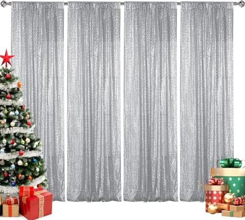 Silver Sequin Backdrop Curtain 4 Panels 2FTx8FT Glitter Silver Background Drapes Sparkle Photography...