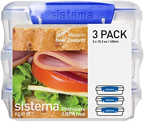 Sistema 3-Piece Sandwich Containers for Lunch Boxes and Meal Prep, Dishwasher Safe, 1.9-Cup,...