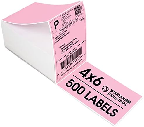 Spartan Industrial Direct Thermal 4" X 6" Fanfold Pink Shipping Labels | (500 Total 4x6 Fan-fold...