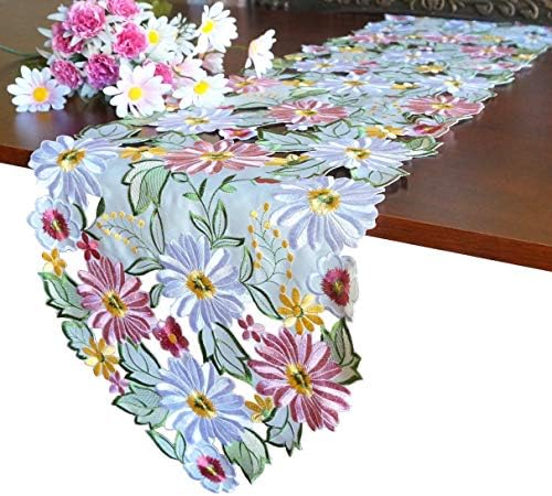 Spring Table Runner 13"×68" Embroidered Flowery Applique Floral Daisy Cutwork Table Linen Home...