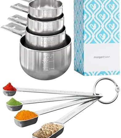 Stainless Steel Measuring Cups & Spoons Set - Heavy Duty, Stackable 8-Piece Set - Dry Foods,...
