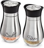 Stainless Steel Salt and Pepper Shaker Set with Glass Bottom, Perforated "S" and "P" Caps - Modern...