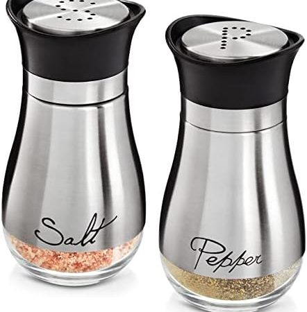Stainless Steel Salt and Pepper Shaker Set with Glass Bottom, Perforated "S" and "P" Caps - Modern...
