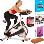 Sunny Health and Fitness SF-B1509 Exercise Belt Drive Bike Premium Indoor Cycling Bundle with Tech...