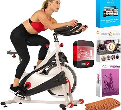 Sunny Health and Fitness SF-B1509 Exercise Belt Drive Bike Premium Indoor Cycling Bundle with Tech...