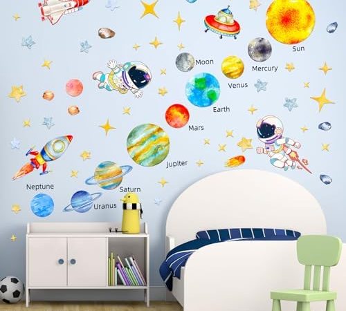 Suplanet Astronaut & Solar System Wall Decals, Cartoon Spaceman Space Planet Star Spaceship UFO Wall...