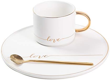 TJ Gobal Porcelain Coffee Mug, Tea Cup with Saucer and Golden Spoon with Gold Scripted Love and Trim...