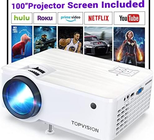 TOPVISION Projector, 7500L Portable Mini Projector with 100” Projector Screen, 1080P Supported,...