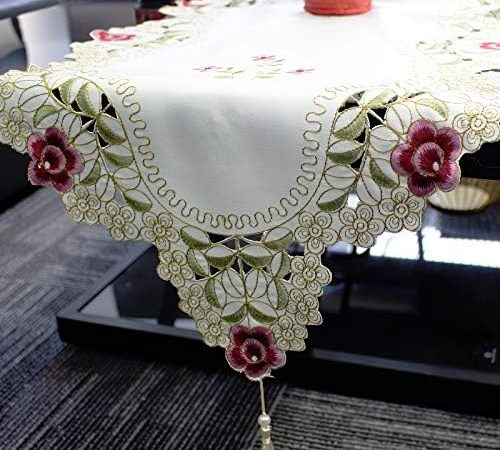 Table Runner, Farmhouse White Hollow Lace Floral Embroidered Rectangle Modern Table Flags for Dining...