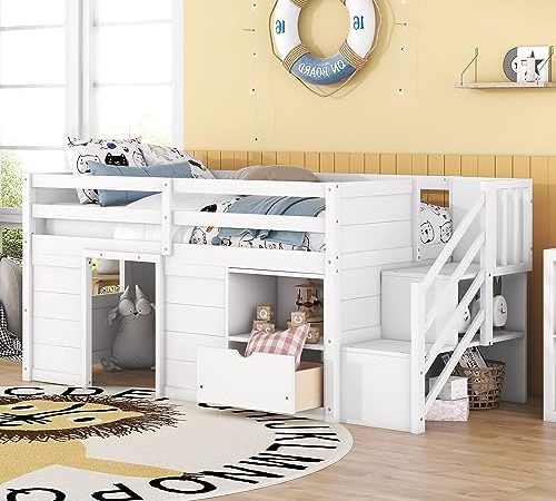 Twin Size Low Loft Bed with Play Space, Solid Wood Low Loft Bed Frame with Drawer, Shelf and Stairs...
