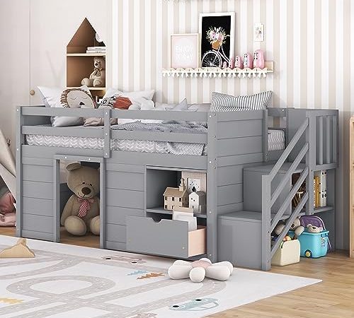Twin Size Low Loft Bed with Stairs, Drawer and Storage Shelves, Solid Wooden Low Bed Frame with...